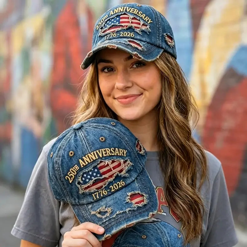 🎁250th Anniversary 1776-2026 Distressed Denim Baseball Cap for Men American Flag Embroidery