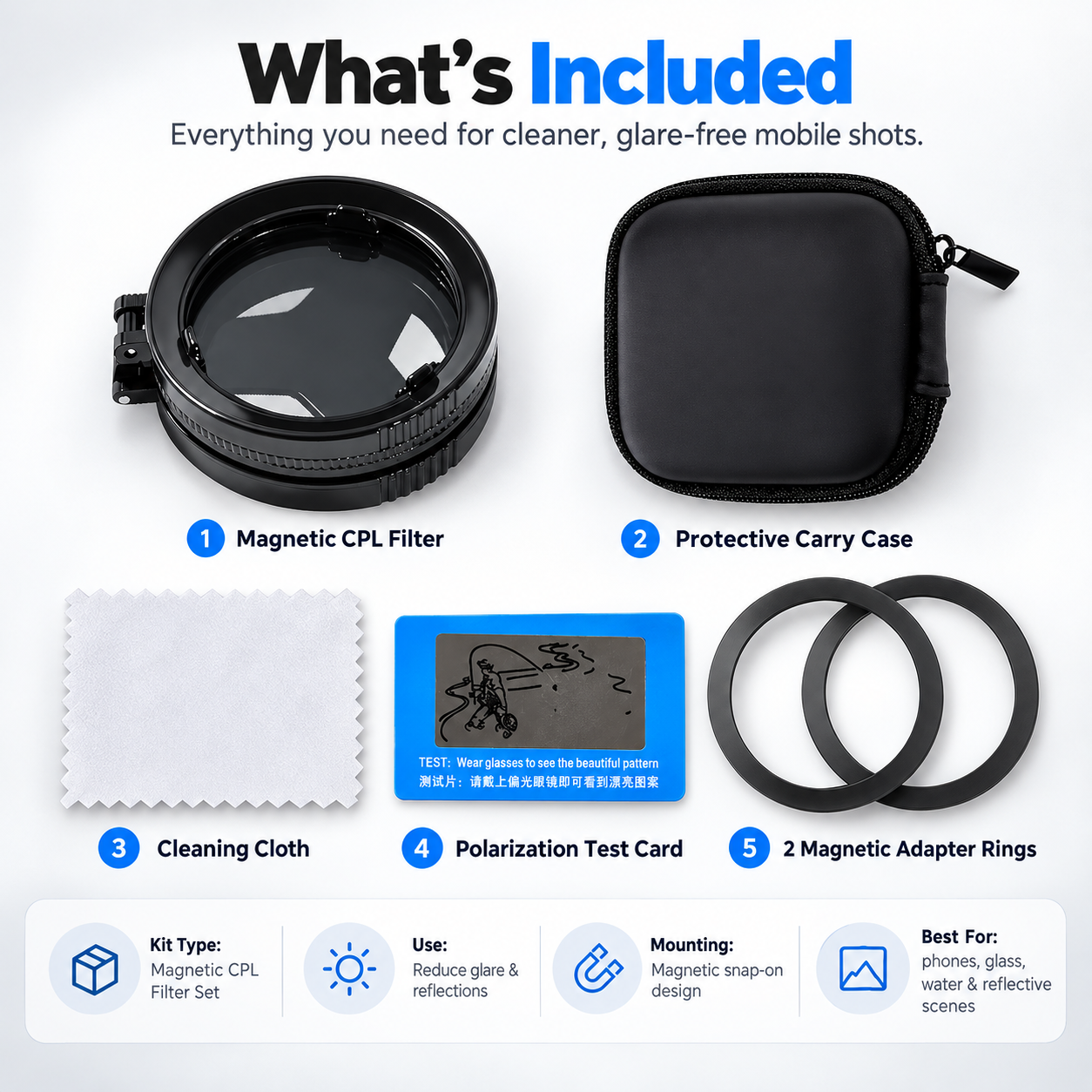 Complete magnetic CPL phone filter kit showing filter carrying case cleaning cloth test card and two magnetic adapter rings