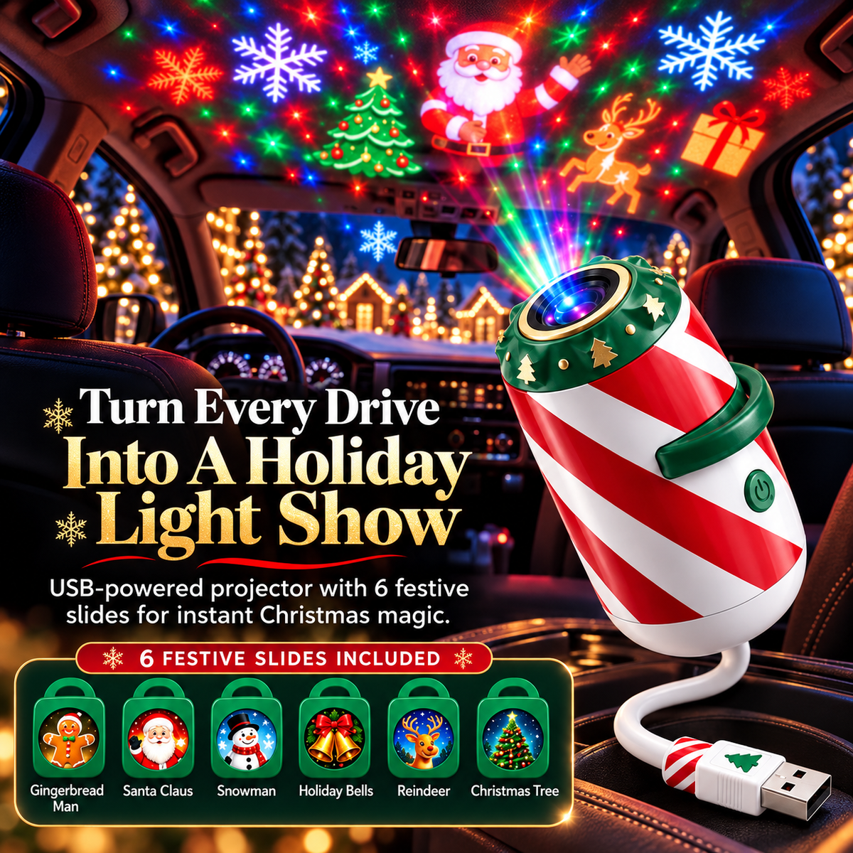 🎄 Christmas Car Window Projector – USB-Powered Holiday Light with Interchangeable Festive Designs for Cars, SUVs & Trucks