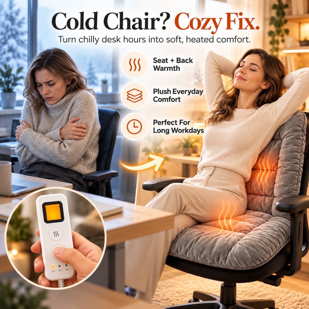 Before and after style illustration of a heated plush chair cushion providing seat and back warmth with a handheld wired remote