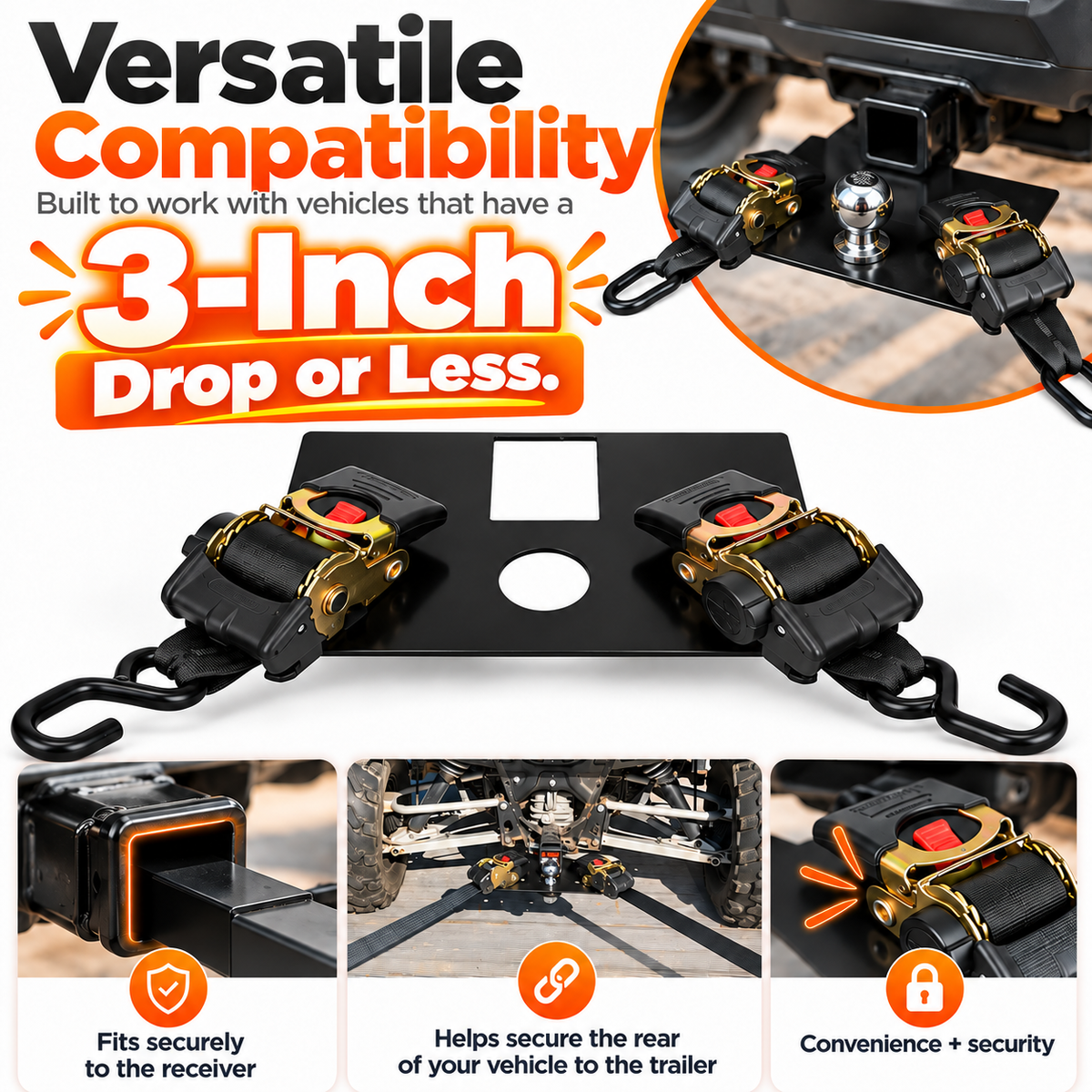 Hitch tie down plate showing compatibility with vehicles using a 3 inch drop or less