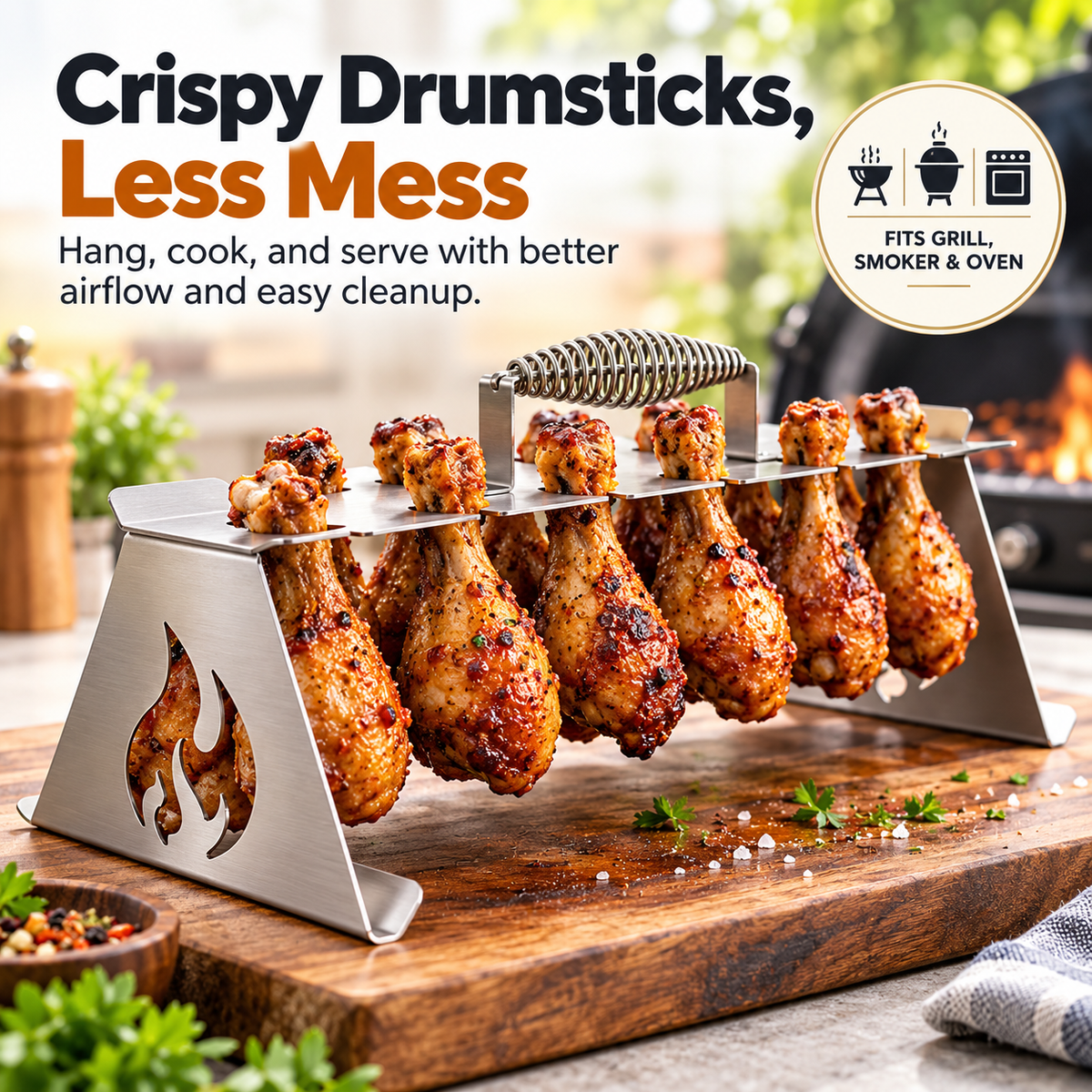 Stainless steel chicken drumstick rack holding multiple grilled chicken legs