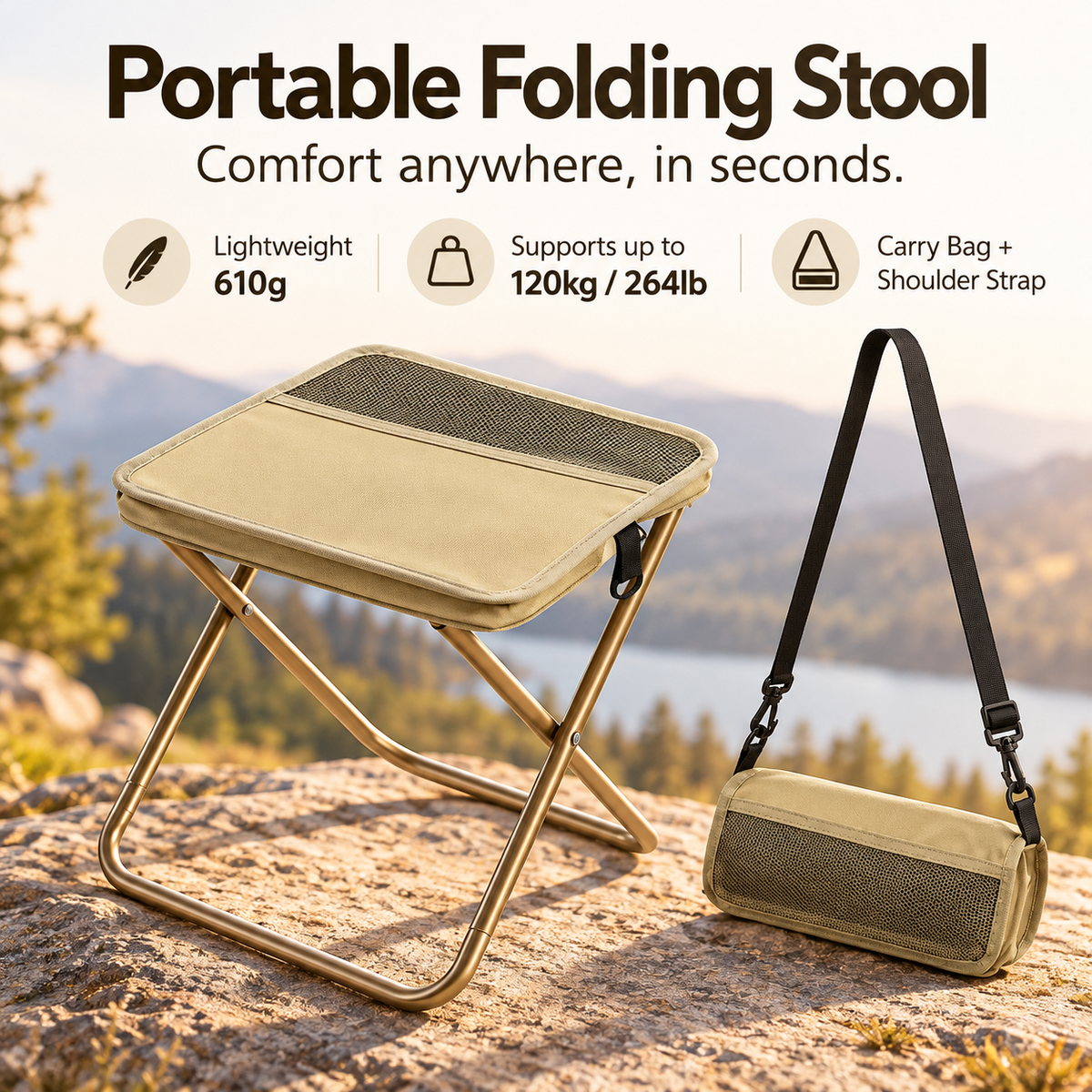 Portable khaki folding stool with a metal frame, compact seat and shoulder carrying bag displayed outdoors