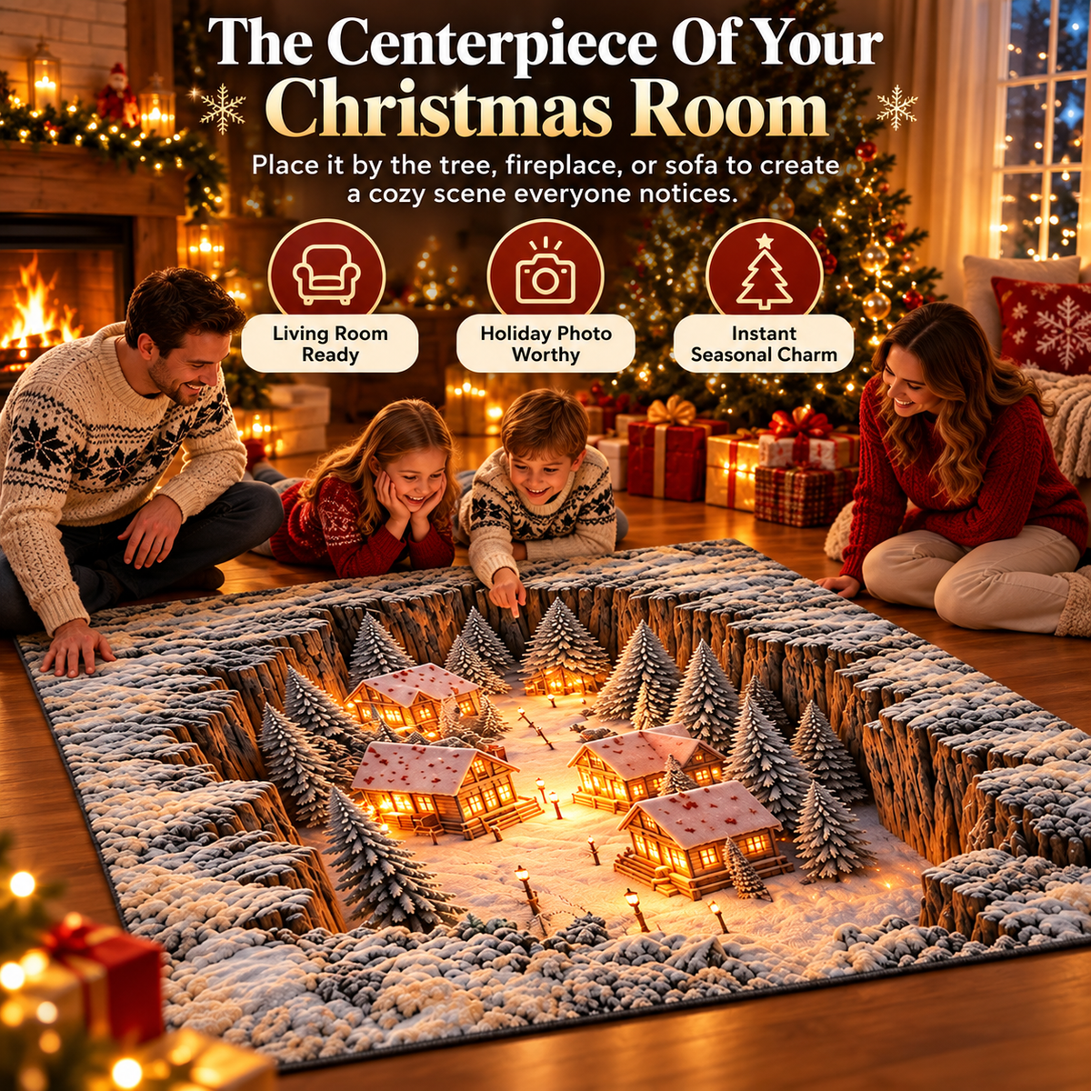 🎄✨ 3D Winter Village Christmas Rug ❄️🏡 Cozy Snowy Cabin 3D Illusion Floor Mat 🏠🔥 Festive Holiday Home Decor 🎁🌟