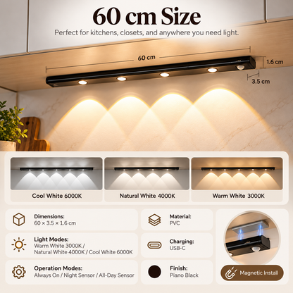 💡✨ Smart LED Motion Sensor Under Cabinet Lights 🚶‍♂️ | 🌈 3 Color Temperatures & 3 Lighting Modes | 🧲 Magnetic Installation 🔋 USB-C Rechargeable | 🏡 Wireless Kitchen, Closet & Home Lighting | 📏 40/50/60cm