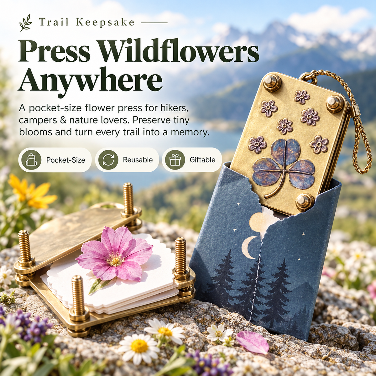 Mini portable flower press keychain with pressed flower on mountain trail