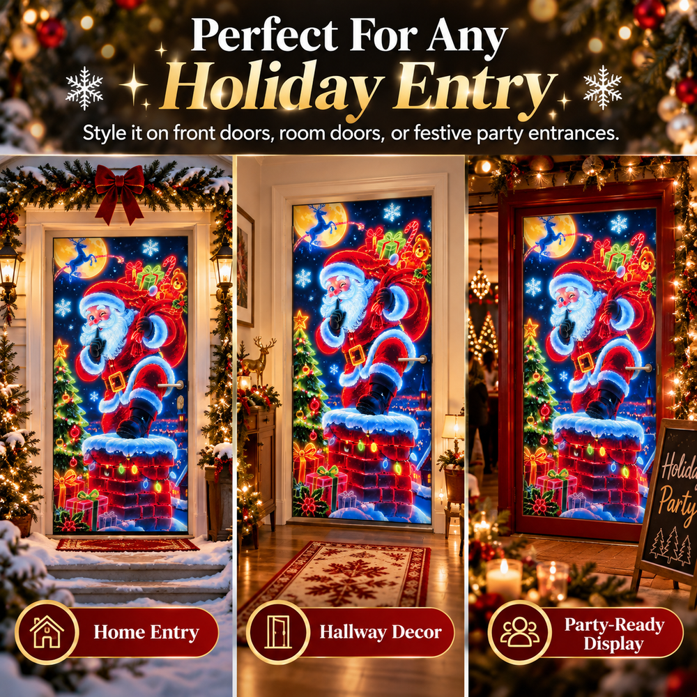 Santa Christmas door cover shown across different holiday entryway and indoor door decorating settings