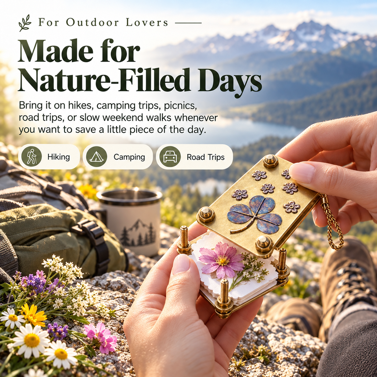 Mini flower press used during hiking camping and nature-filled outdoor day