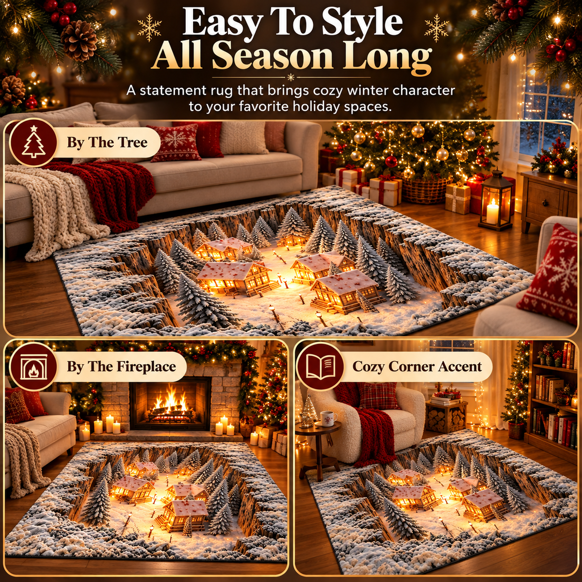 🎄✨ 3D Winter Village Christmas Rug ❄️🏡 Cozy Snowy Cabin 3D Illusion Floor Mat 🏠🔥 Festive Holiday Home Decor 🎁🌟