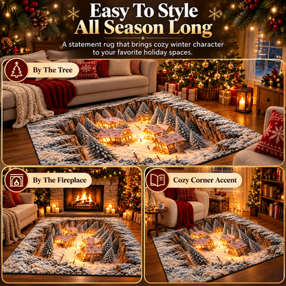 🎄✨ 3D Winter Village Christmas Rug ❄️🏡 Cozy Snowy Cabin 3D Illusion Floor Mat 🏠🔥 Festive Holiday Home Decor 🎁🌟