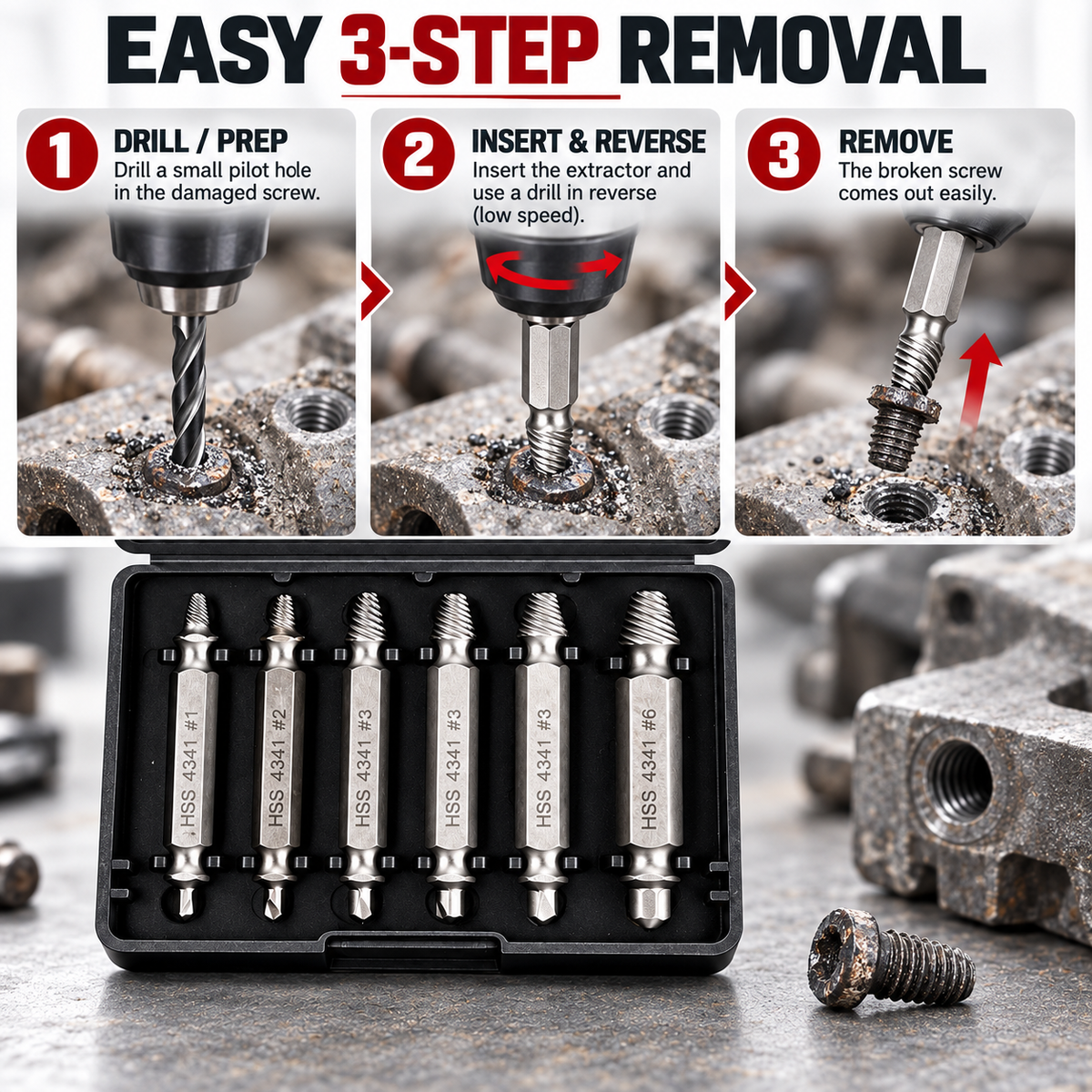 🔩🛠️6-Piece Damaged Screw Extractor Set – Double-Ended HSS Broken Screw Remover