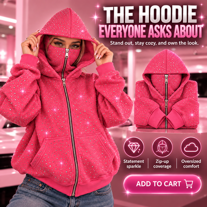 👚Pink Rhinestone Full-Zip Hoodie with Convertible Face Cover – Oversized Streetwear