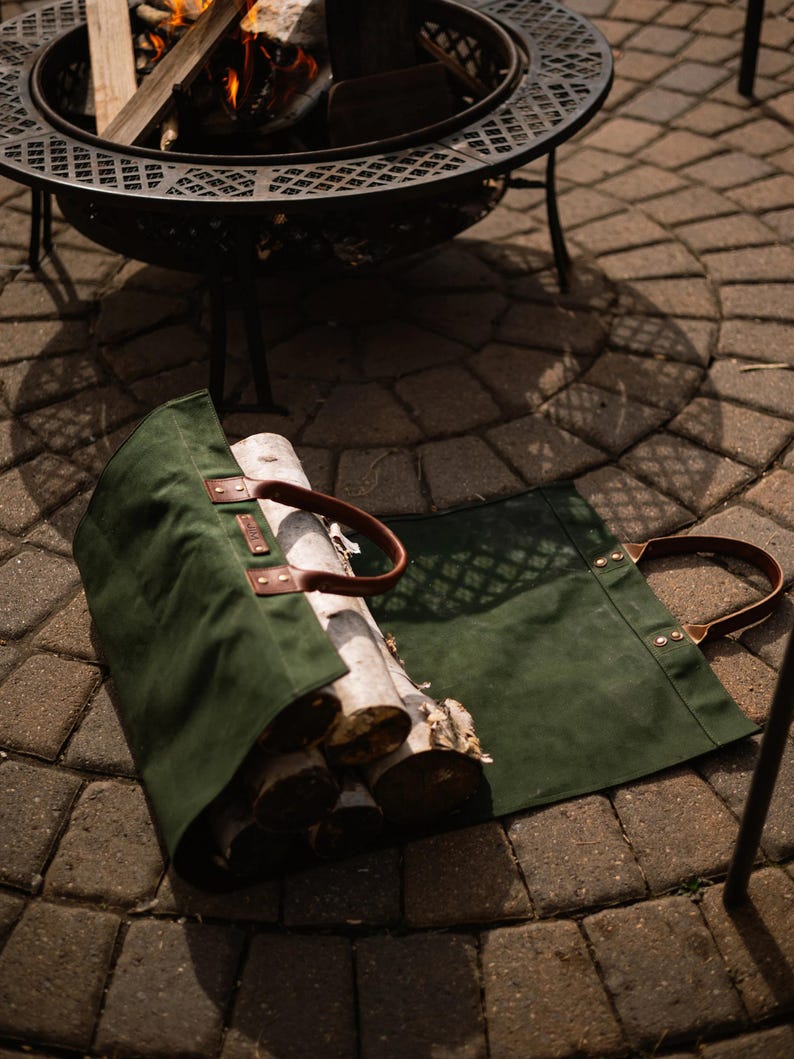 Personalized Canvas Firewood Log Carrier, Handmade in USA, Full Grain Leather Handles, Custom Leather Patch Tote