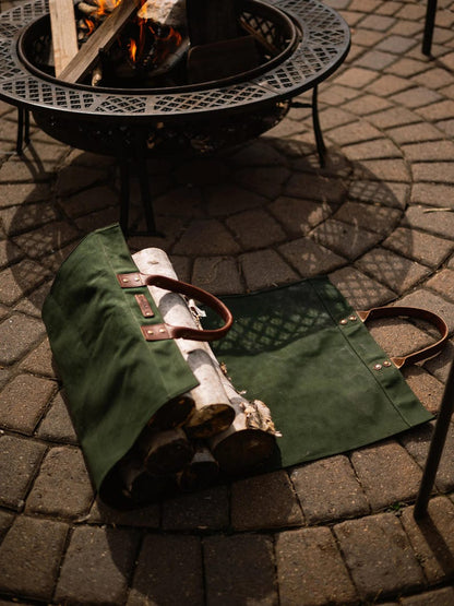 Personalized Canvas Firewood Log Carrier, Handmade in USA, Full Grain Leather Handles, Custom Leather Patch Tote