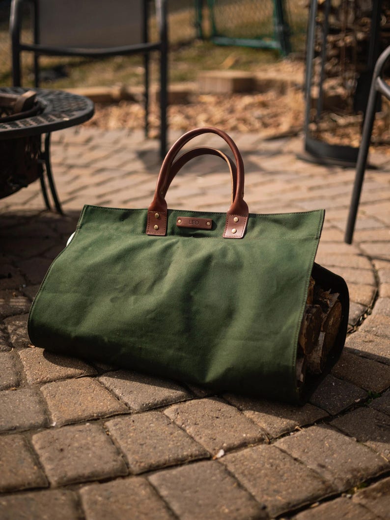 Personalized Canvas Firewood Log Carrier, Handmade in USA, Full Grain Leather Handles, Custom Leather Patch Tote