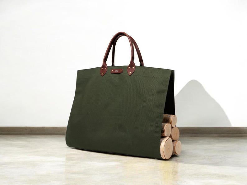 Personalized Canvas Firewood Log Carrier, Handmade in USA, Full Grain Leather Handles, Custom Leather Patch Tote
