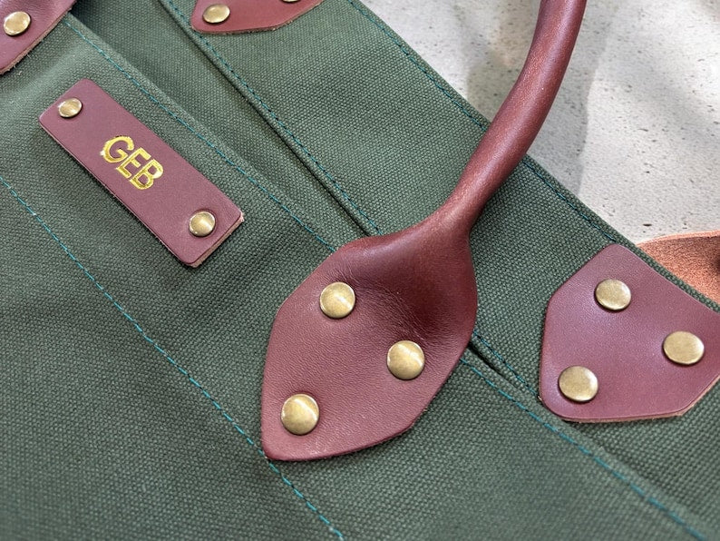Personalized Canvas Firewood Log Carrier, Handmade in USA, Full Grain Leather Handles, Custom Leather Patch Tote