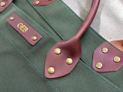 Personalized Canvas Firewood Log Carrier, Handmade in USA, Full Grain Leather Handles, Custom Leather Patch Tote