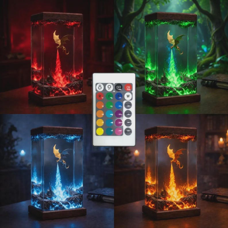 Handmade Fire Breathing Dragon Resin Lamp, Fantasy Skyrim Dragon Night Light, LED Resin Art Decor, Gaming Room Gift for Dragon Lovers