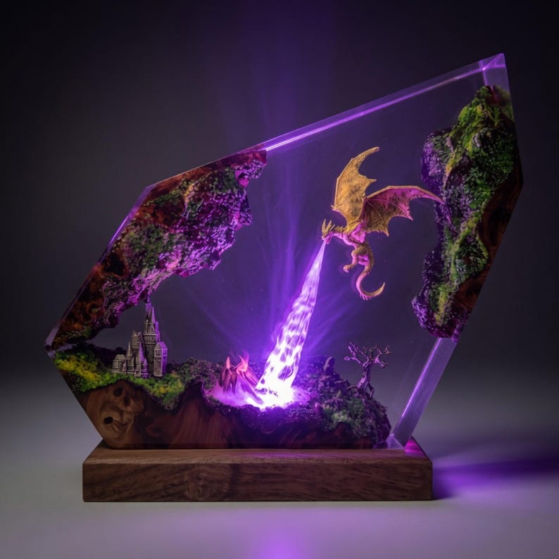 Handmade Fire Breathing Dragon Resin Lamp, Fantasy Skyrim Dragon Night Light, LED Resin Art Decor, Gaming Room Gift for Dragon Lovers