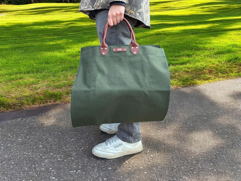 Personalized Canvas Firewood Log Carrier, Handmade in USA, Full Grain Leather Handles, Custom Leather Patch Tote