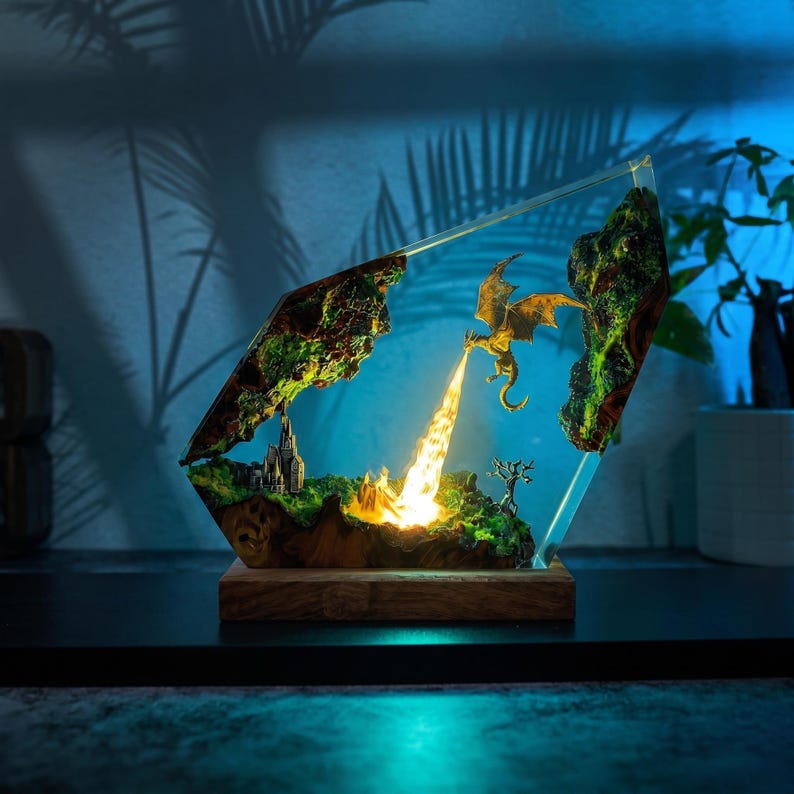 Handmade Fire Breathing Dragon Resin Lamp, Fantasy Skyrim Dragon Night Light, LED Resin Art Decor, Gaming Room Gift for Dragon Lovers
