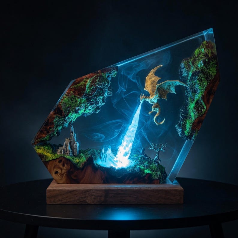 Handmade Fire Breathing Dragon Resin Lamp, Fantasy Skyrim Dragon Night Light, LED Resin Art Decor, Gaming Room Gift for Dragon Lovers
