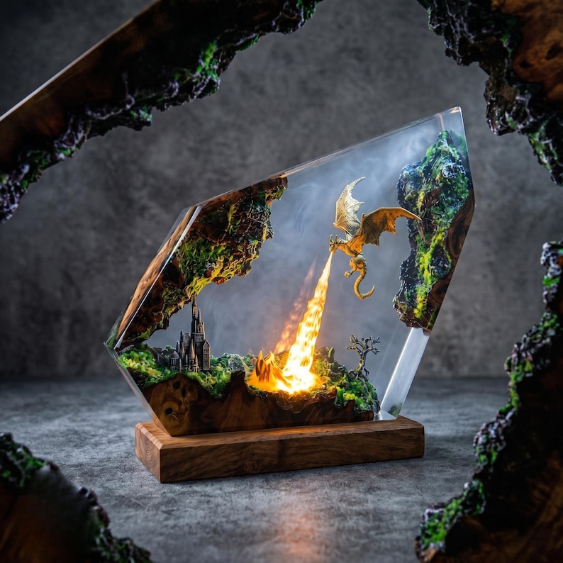 Handmade Fire Breathing Dragon Resin Lamp, Fantasy Skyrim Dragon Night Light, LED Resin Art Decor, Gaming Room Gift for Dragon Lovers