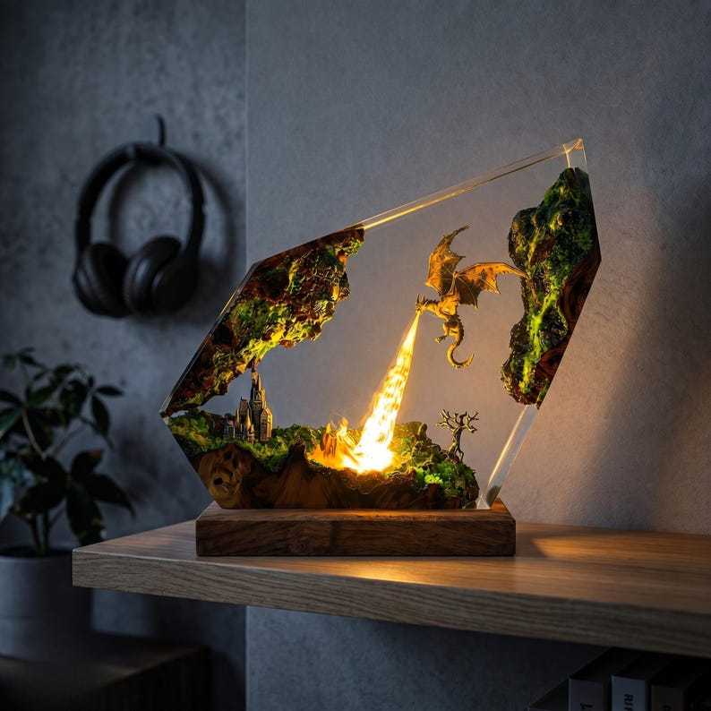 Handmade Fire Breathing Dragon Resin Lamp, Fantasy Skyrim Dragon Night Light, LED Resin Art Decor, Gaming Room Gift for Dragon Lovers