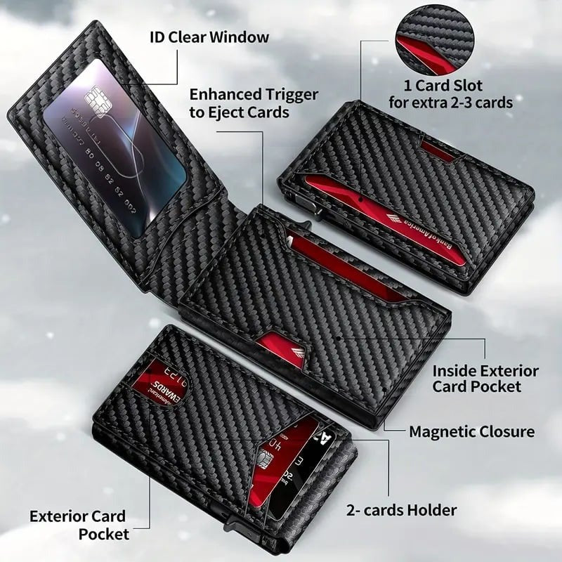 Pop-up wallet showing ID window and multiple card storage zones