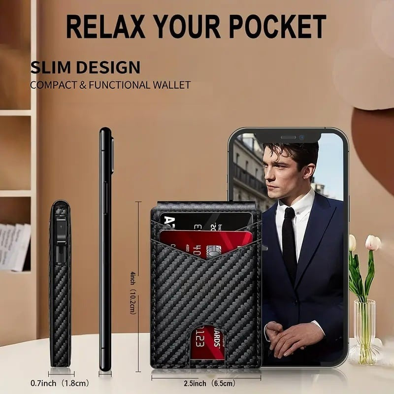 Slim pop-up wallet shown beside a smartphone for size comparison