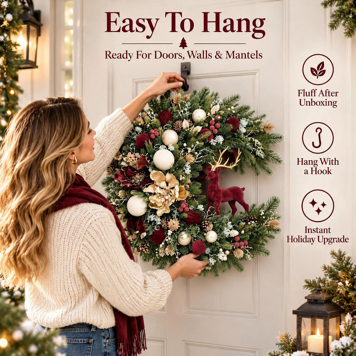 🦌🎄 Vintage Woodland Reindeer Christmas Wreath ✨ Burgundy & Gold Holiday Door Decor