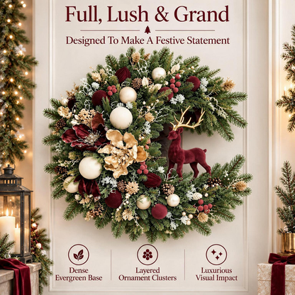 🦌🎄 Vintage Woodland Reindeer Christmas Wreath ✨ Burgundy & Gold Holiday Door Decor