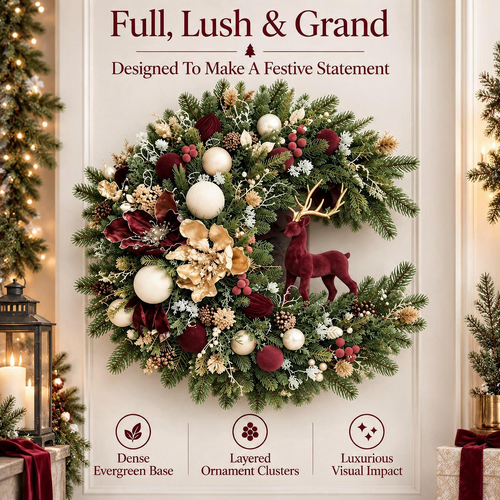 🦌🎄 Vintage Woodland Reindeer Christmas Wreath ✨ Burgundy & Gold Holiday Door Decor