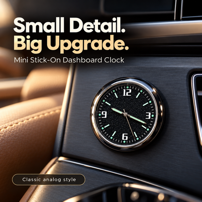 Mini stick-on analog car dashboard clock on dark center-console trim