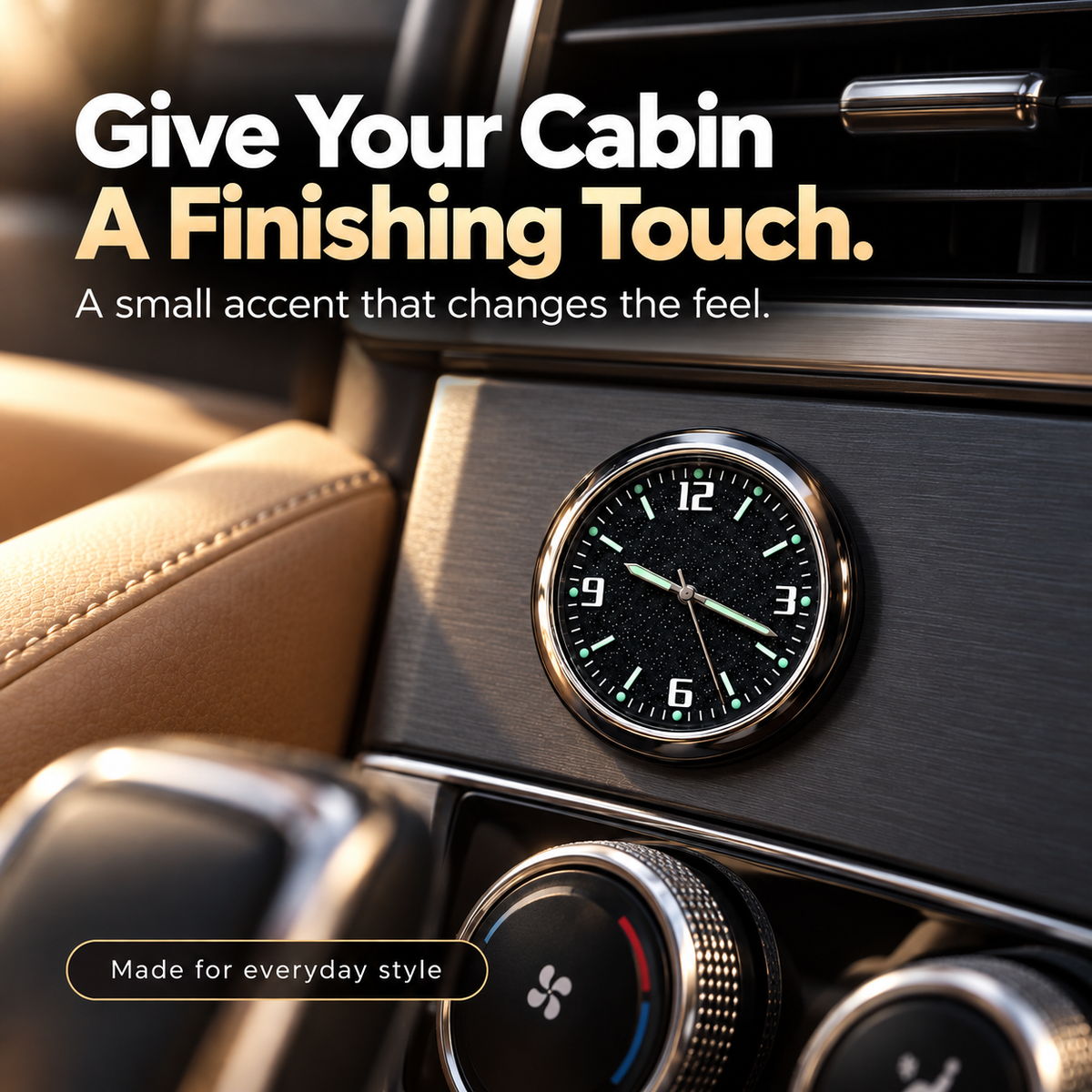 Small analog clock attached to a suitable flat car center-console panel