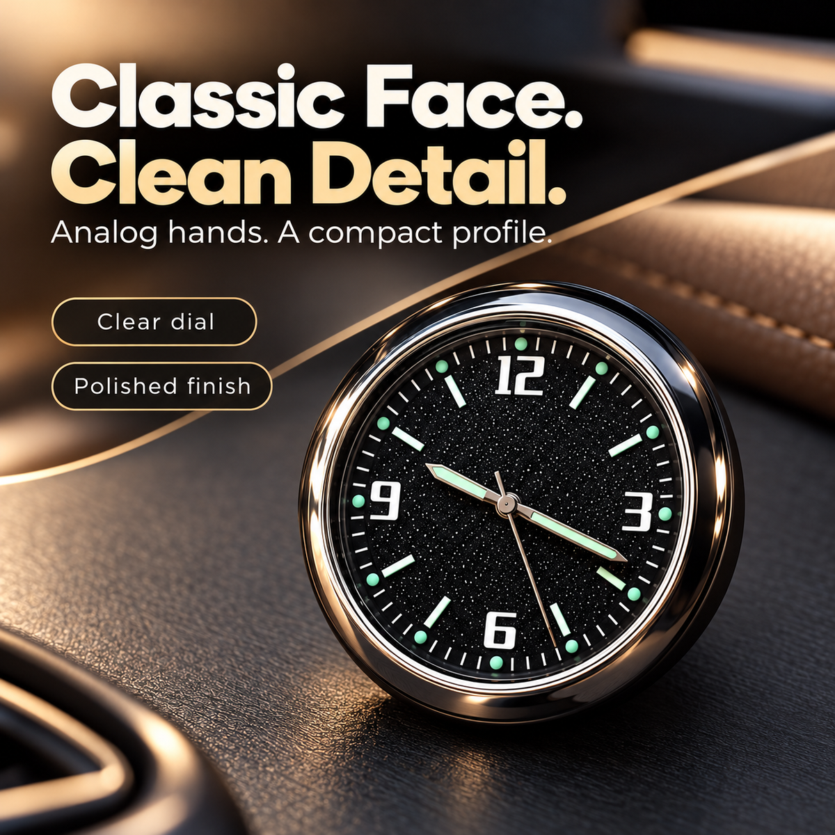 Close-up of the unbranded black analog clock face and polished circular case