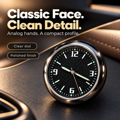 Close-up of the unbranded black analog clock face and polished circular case