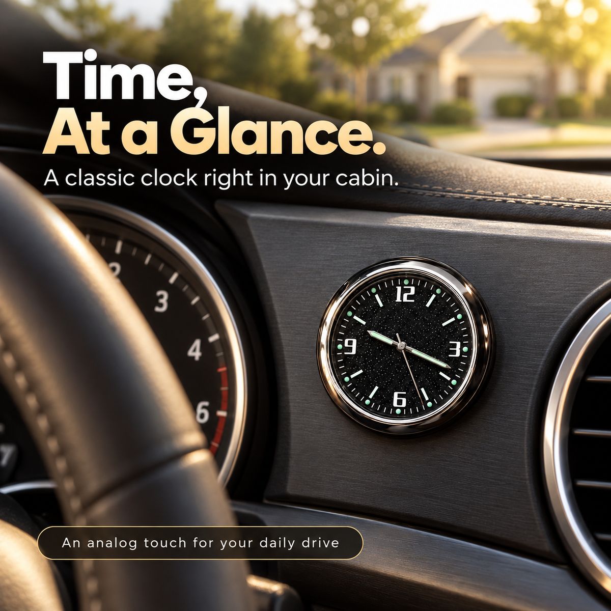 Analog car clock beside the instrument cluster in a parked vehicle