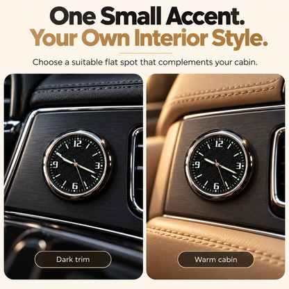 The same dashboard clock shown with dark trim and warm tan cabin styling