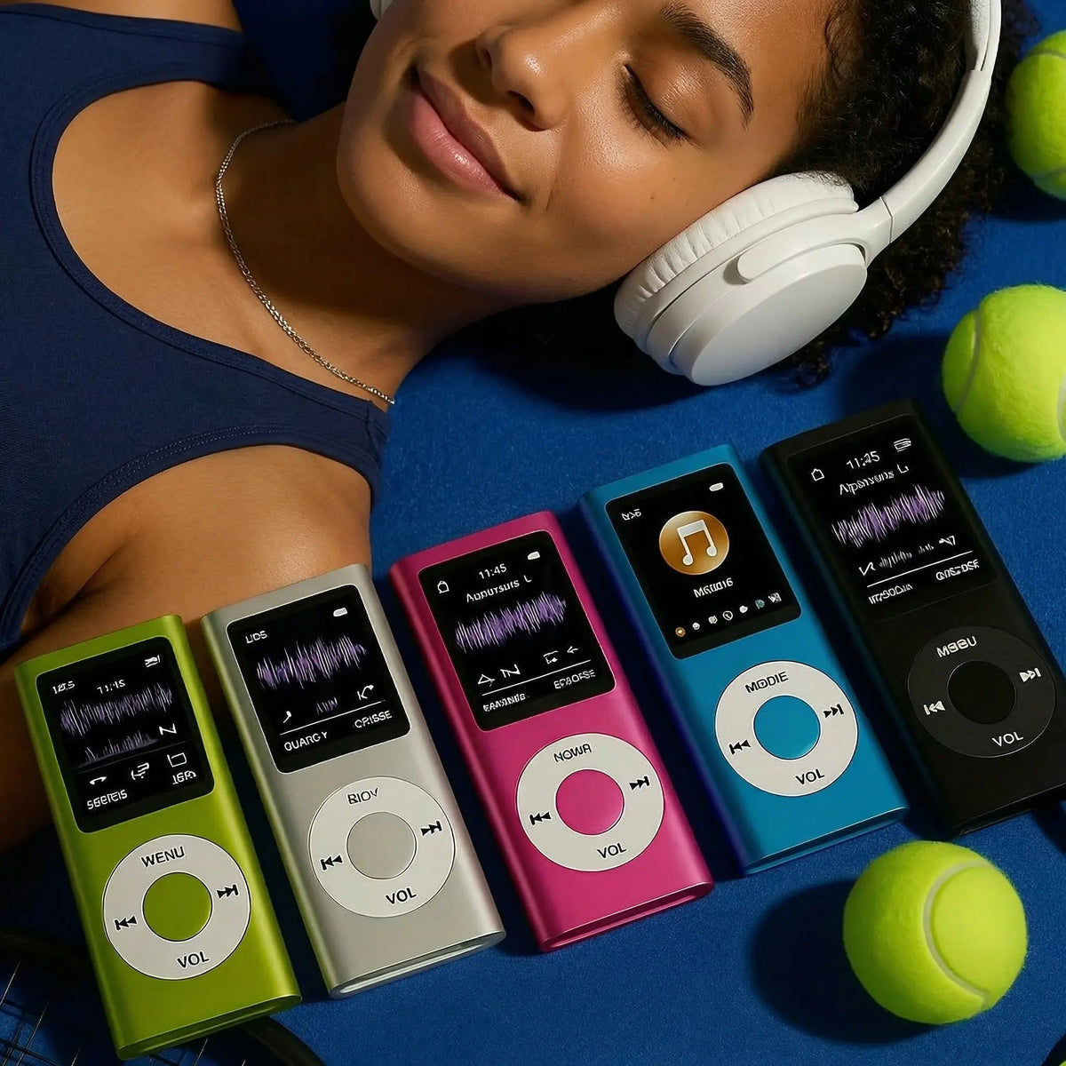 Colorful portable MP3 players arranged beside headphones in a relaxed everyday listening scene