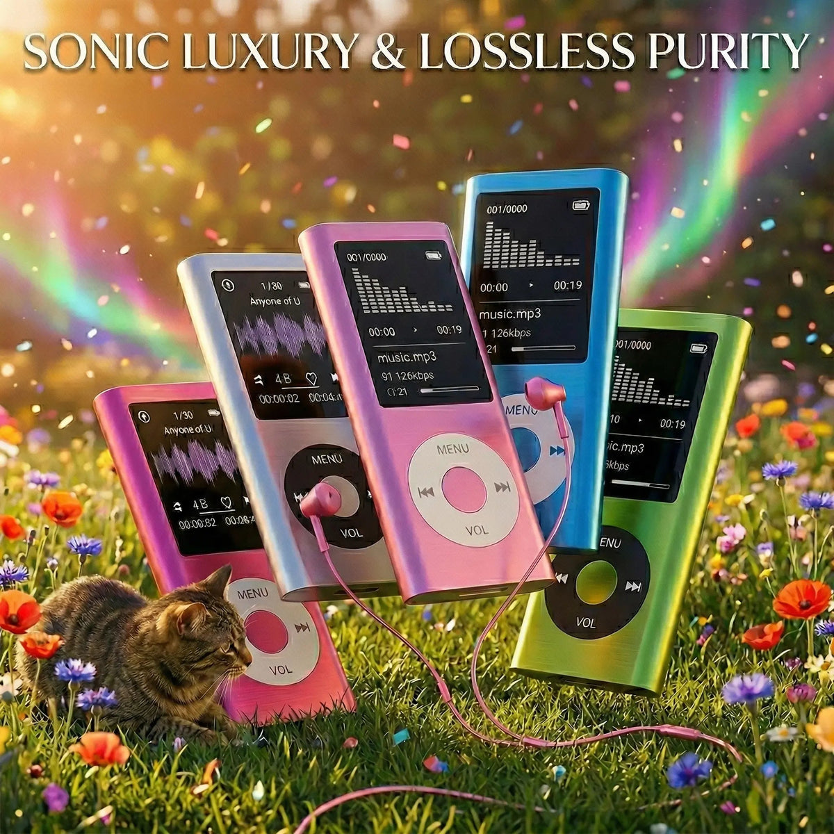 Portable MP3 player collection in black, pink, blue, green and silver with LCD screens and physical music controls