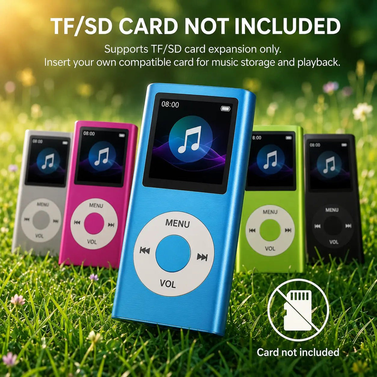 Portable MP3 players in five colors with a clear reminder that TF or microSD memory cards are not included