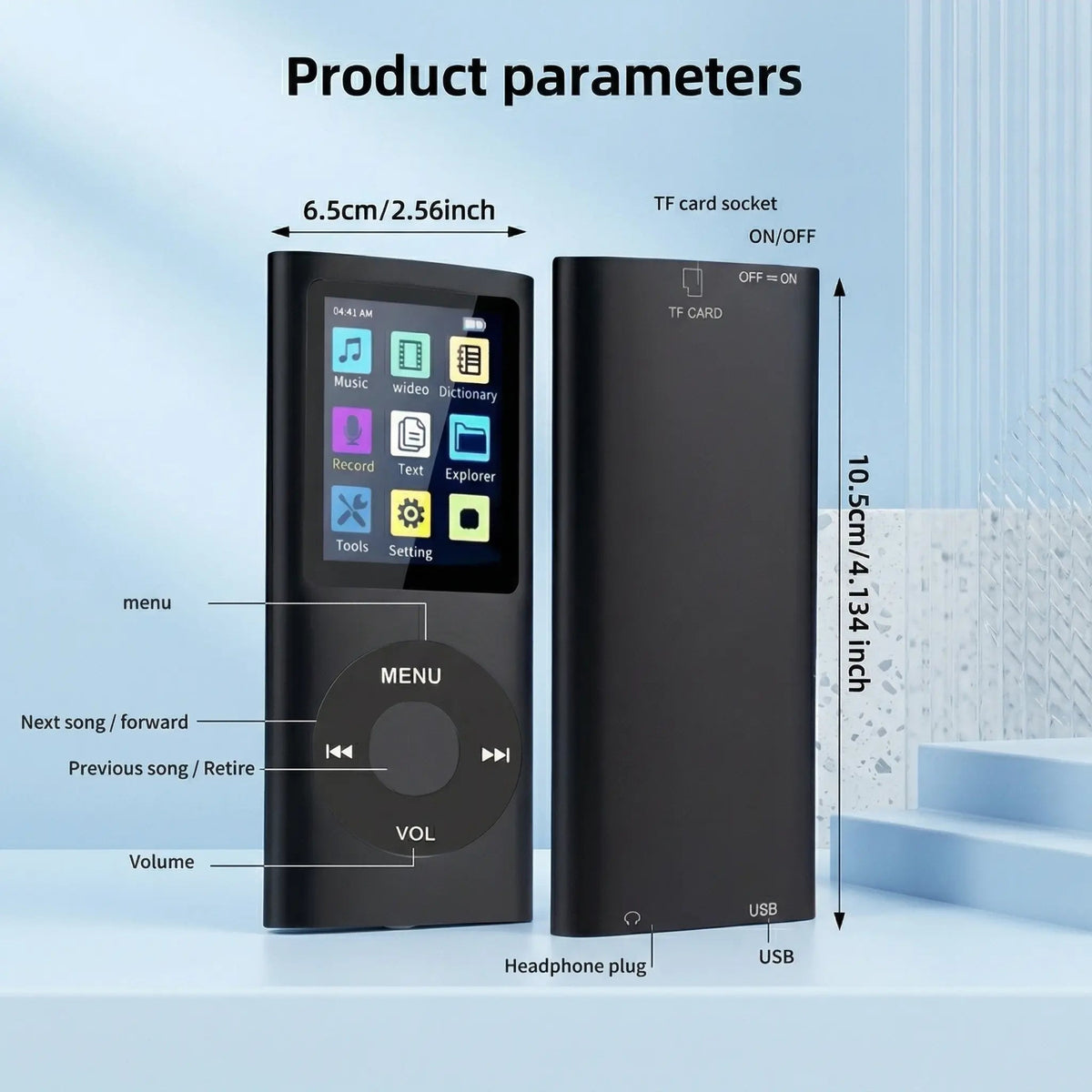 Portable MP3 player dimensions diagram showing the front screen, rear TF card slot, headphone jack and USB port