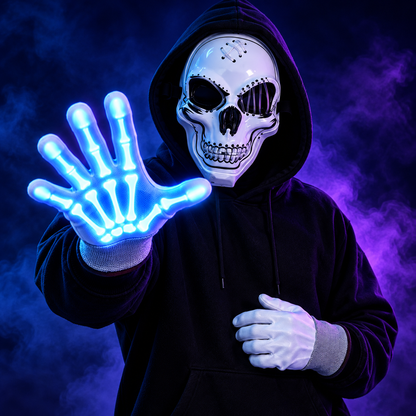 Mask and glowing glove worn with black hood