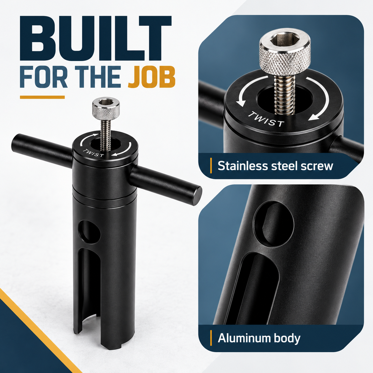 Open-body puller with drive screw and close-up construction details