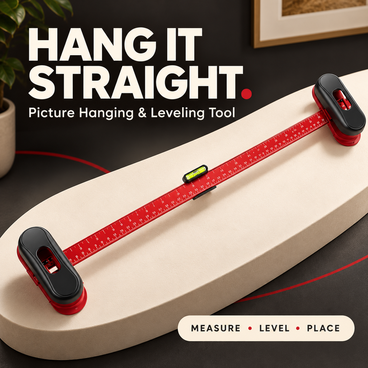 Red adjustable picture hanging and leveling tool