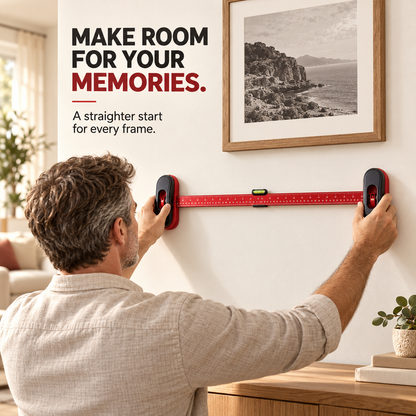 Homeowner positioning a picture hanging guide against a wall