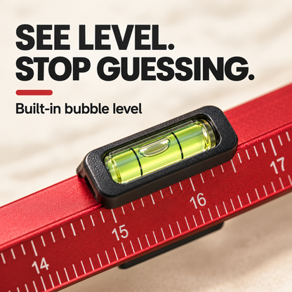 Built-in green bubble level on the red measuring ruler