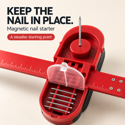Magnetic nail starter and nail storage inside the red grip